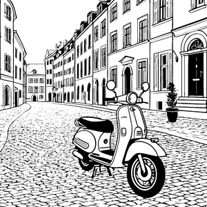 Charmantes Moped in historischer Altstadt Ausmalbild für kleine Stadterforscher