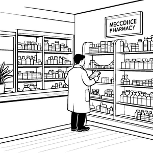 Apotheker mit bunten Arzneimitteln Malvorlage für junge Gesundheitsentdecker