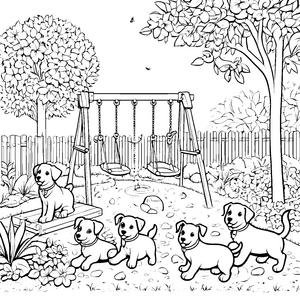 Spaßige Welpen im bunten Garten Ausmalbild für kleine Abenteurer