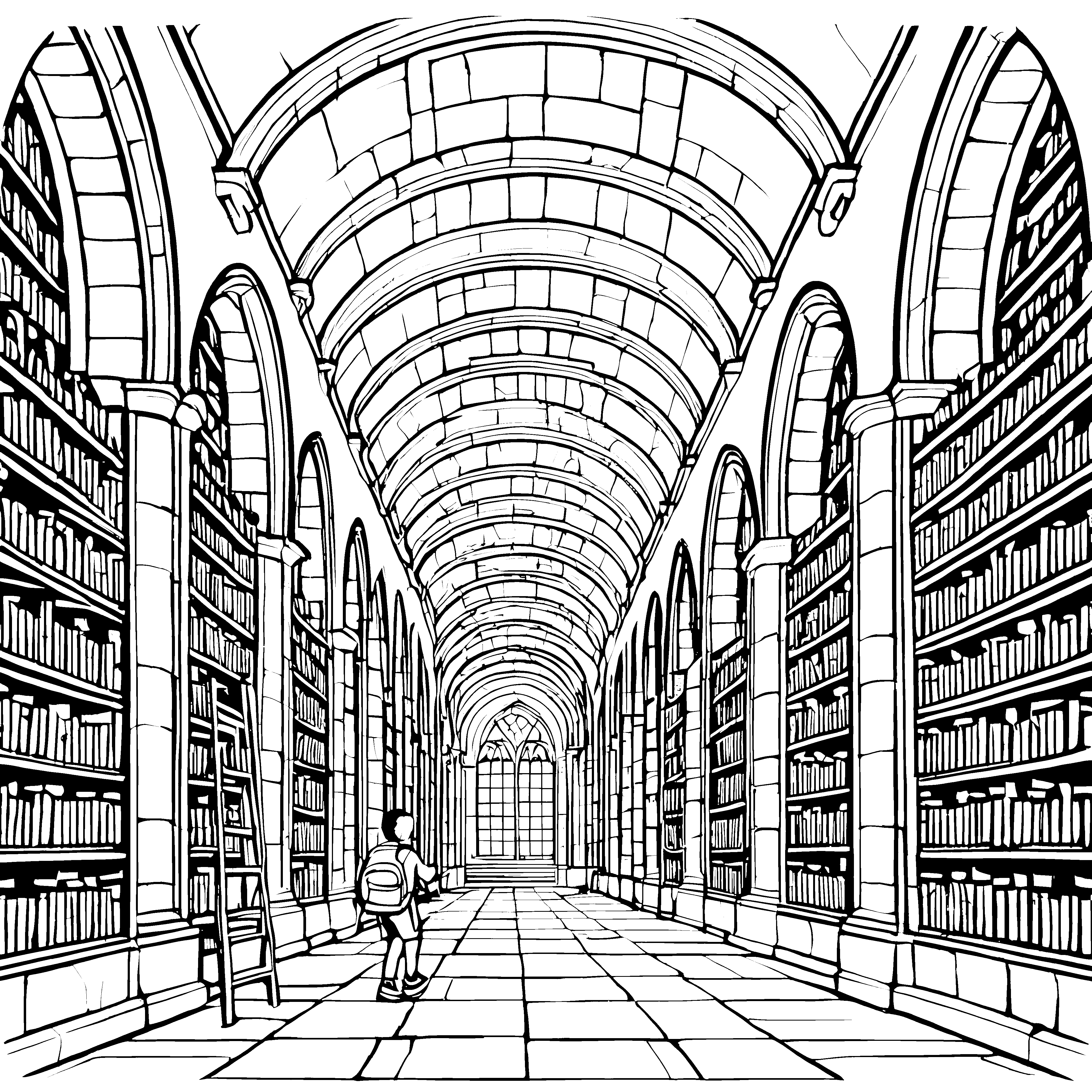 Entdeckungsreise durch die faszinierende Bibliothek Ausmalbild für wissbegierige Entdecker