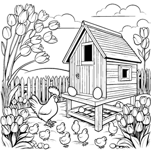 Hübsche Henne im bunten Garten Ausmalbild für kreative Entdecker