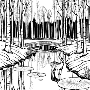 Reh am ruhigen Teich mit schimmerndem Wasser Ausmalbild für fantasievolle Naturliebhaber
