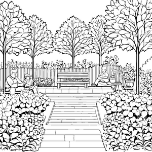 Gemütliche Plauderrunde im blühenden Garten Ausmalbild für fröhliche Entdecker