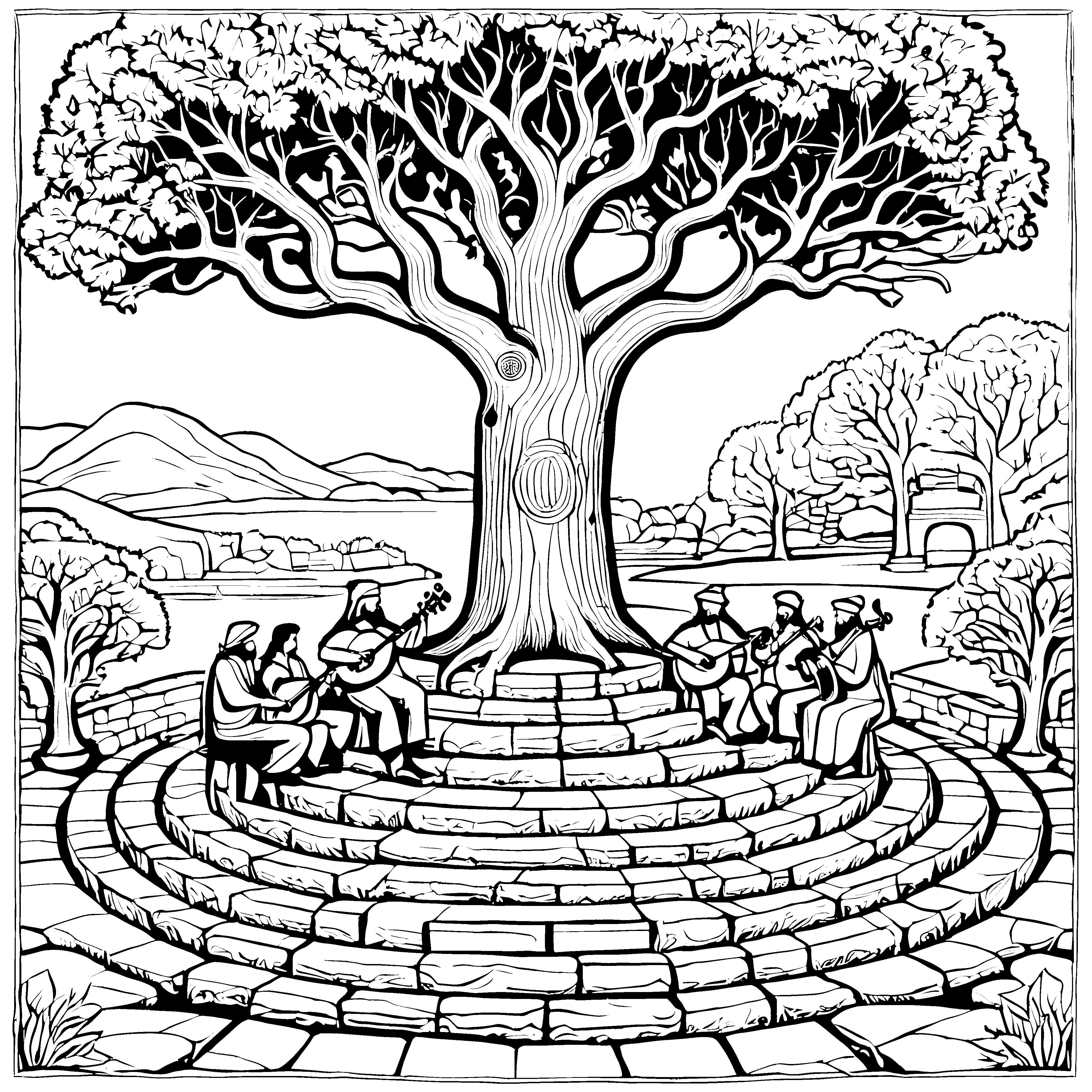 Begeisterte Barden singen unter dem braunen Baum Ausmalvorlage für musikalische Entdecker
