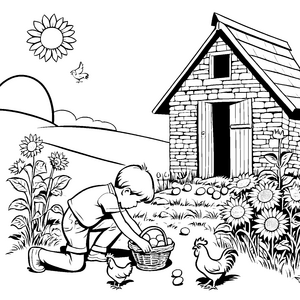 Fröhliches Eiersammeln im bunten Garten Ausmalbild für kleine Naturfreunde