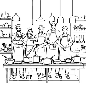 Teamworkende Köche bei der kreativen Zubereitung Malvorlage für kleine Gourmet-Entdecker