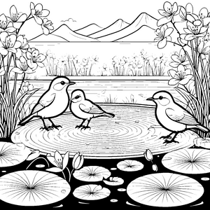 Spritzige Vögel am blühenden Teich Ausmalbild für fröhliche Entdecker