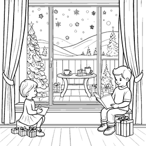 Gemütliche Weihnachtsstimmung am Fenster Ausmalbild für kleine Weihnachtsfreunde
