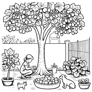 Feigenbaum im bunten Garten Ausmalbild für kleine Naturfreunde
