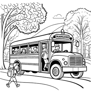 Lebhafter Schulbus mit fröhlichen Fahrgästen Malvorlage für neugierige Abenteuerlustige