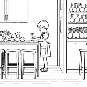 Fröhlicher Daikon-Rettich in der bunten Küche Ausmalvorlage für kleine Küchenchefs
