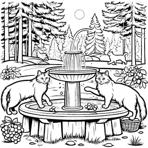 Norwegische Waldkatzen am sprudelnden Brunnen Ausmalbild für künstlerische Entdecker