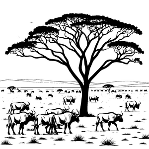 Majestätische Gnus unter schattenspendendem Baum Ausmalvorlage für abenteuerlustige Tierfreunde