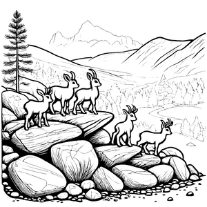 Verspielte Steinbock-Babys auf Felsen Ausmalbild für abenteuerliche Naturentdecker