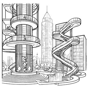 Futuristische Architektur in der schwebenden Metropole Ausmalbild für kreative Visionäre