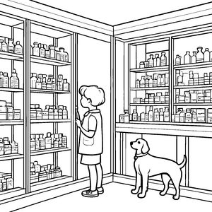 Entdecker im Apothekenregal mit wissbegierigem Hund Ausmalbild für abenteuerlustige Kinder