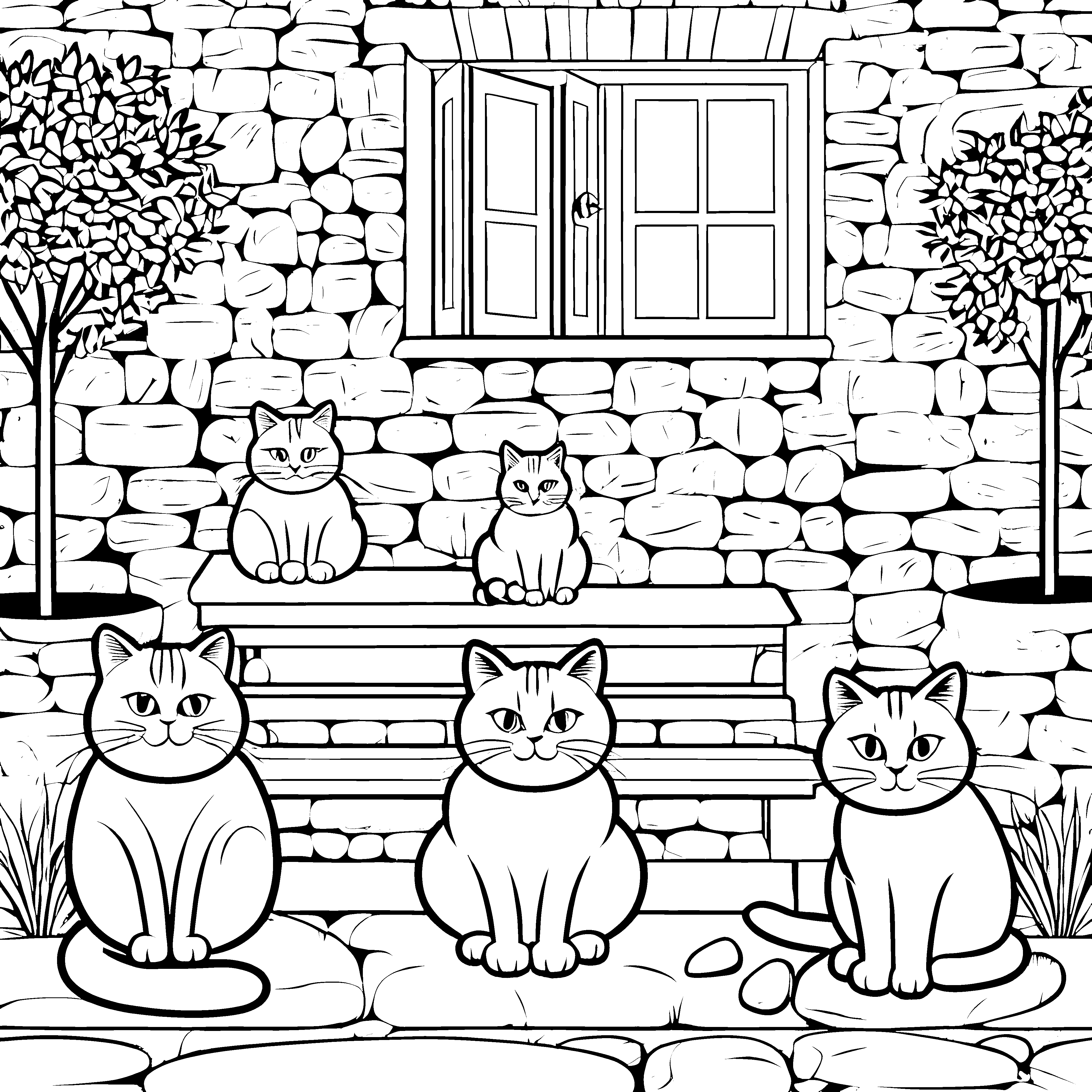 Grummelige Katzen auf der Treppe warten Malvorlage für kleine Tüftler