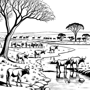 Schwimmende Gnus am glitzernden Wasser Ausmalvorlage für neugierige Tierfreunde
