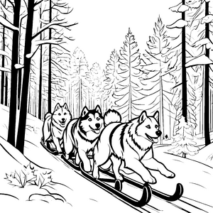 Schnelle Huskys im Schnee Abenteuer-Ausmalbild für kleine Winterfreunde