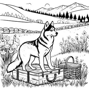 Majestätischer Husky auf der Picknickkiste Ausmalvorlage für abenteuerlustige Tierfreunde