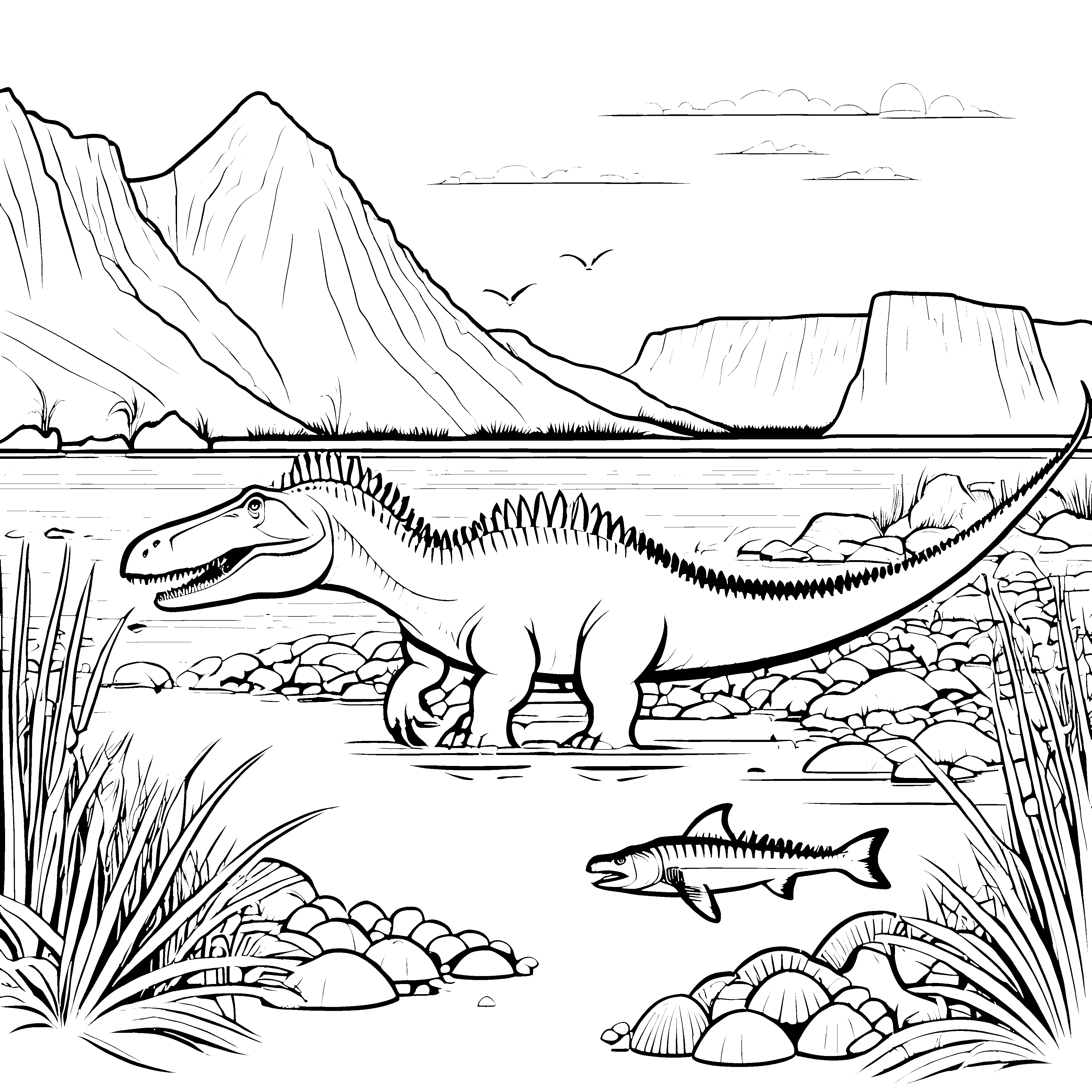 Furchtloser Spinosaurus erkundet glitzernde Wasserwelt Ausmalbild für junge Dinoschatzsucher