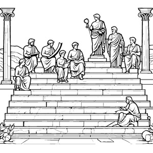 Philosophische Versammlung unter antiken Säulen Malvorlage für wissbegierige Köpfe
