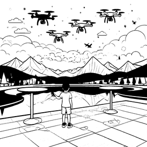 Spannende Drohnen über schillerndem See Ausmalbild für neugierige Technikfreunde