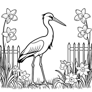 Majestätischer Storch im bunten Blumenfeld Ausmalvorlage für kleine Naturfreunde