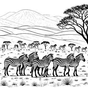 Fünf elegante Zebras in der Savanne Malvorlage für abenteuerlustige Künstler
