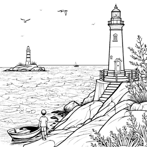 Leuchtturm am malerischen Küstenufer Ausmalbild für kleine Abenteurer