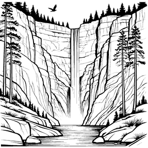 Majestätischer Wasserfall in traumhafter Schlucht Ausmalvorlage für abenteuerliche Entdecker