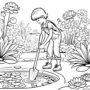 Entzückender Junge mit Schaufel am Teich Ausmalvorlage für kleine Gartenfans