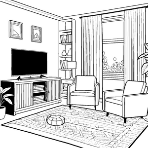 Gemütlicher TV-Schrank mit einladendem Wohnraum Ausmalvorlage für junge Raumforscher
