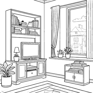 Harmonischer TV-Schrank im gemütlichen Raum Ausmalbild für kreative Wohnarchitekten