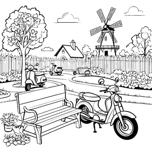 Farbenfrohe Mopeds vor der malerischen Windmühle Ausmalmotiv für neugierige Entdecker