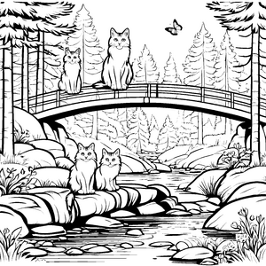 Majestätische Norwegische Waldkatzen auf der Brücke Ausmalmotiv für entdeckungsfreudige Kinder