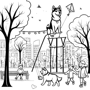 Husky auf dem Spielplatz mit Drachen Malvorlage für fröhliche Tierliebhaber