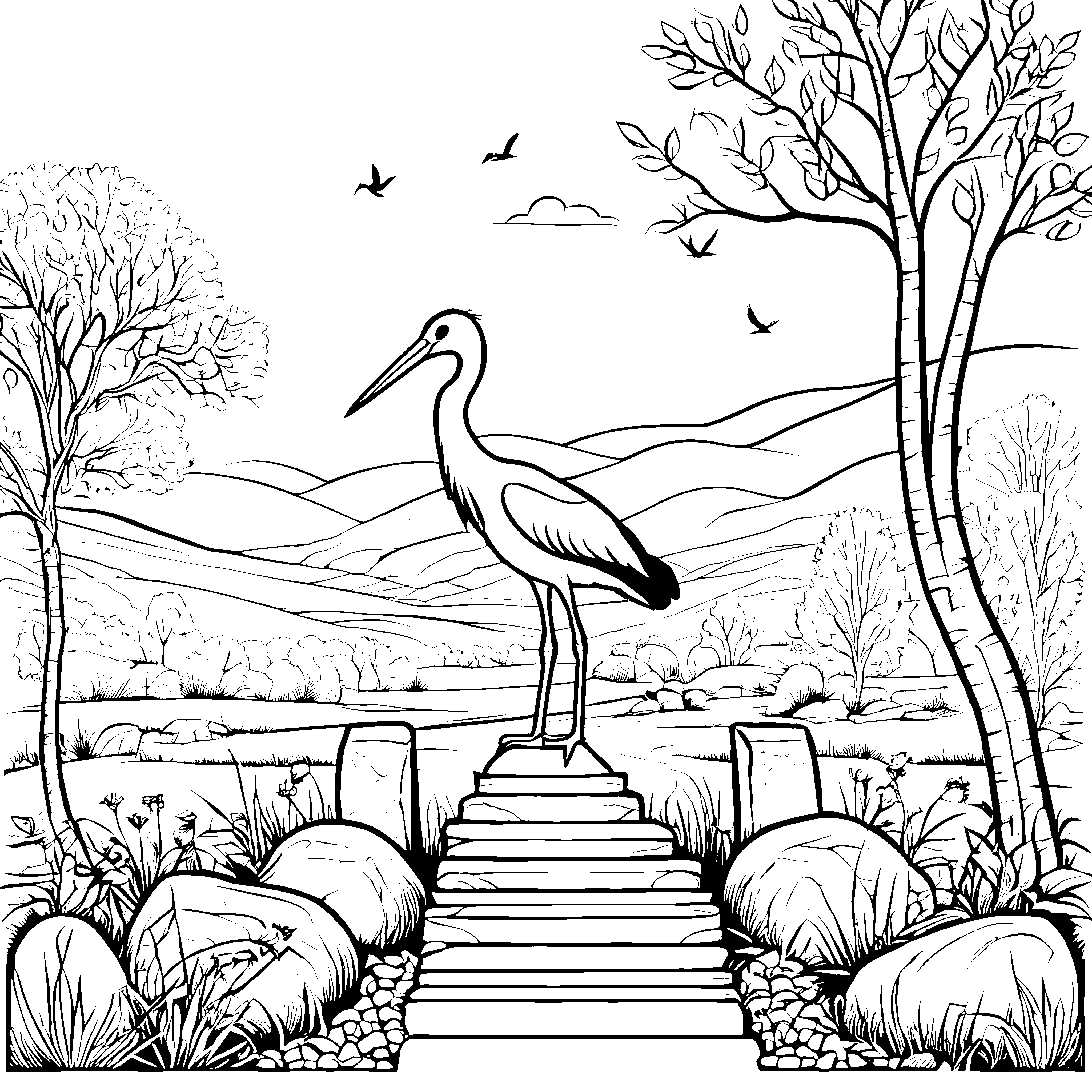 Stolzer Storch auf blühendem Naturpfad Ausmalbild für neugierige Tierfreunde