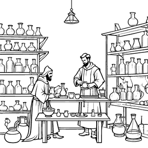 Magische Alchemisten bei geheimnisvollen Elixieren Ausmalbild für neugierige Forscher