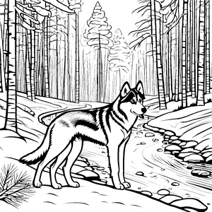 Stolzer Husky am glitzernden Bach Malvorlage für abenteuerlustige Tierfreunde