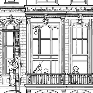 Kreativer Fensterputzer bei strahlendem Ausblick Malvorlage für kleine Helfer