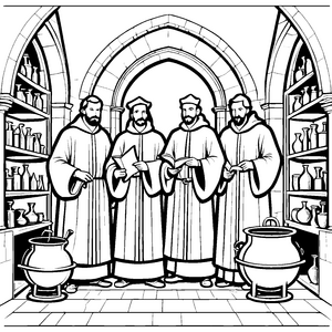 Geheimnisvolle Alchemisten im Zauberlabor Ausmalbild für neugierige Forscher