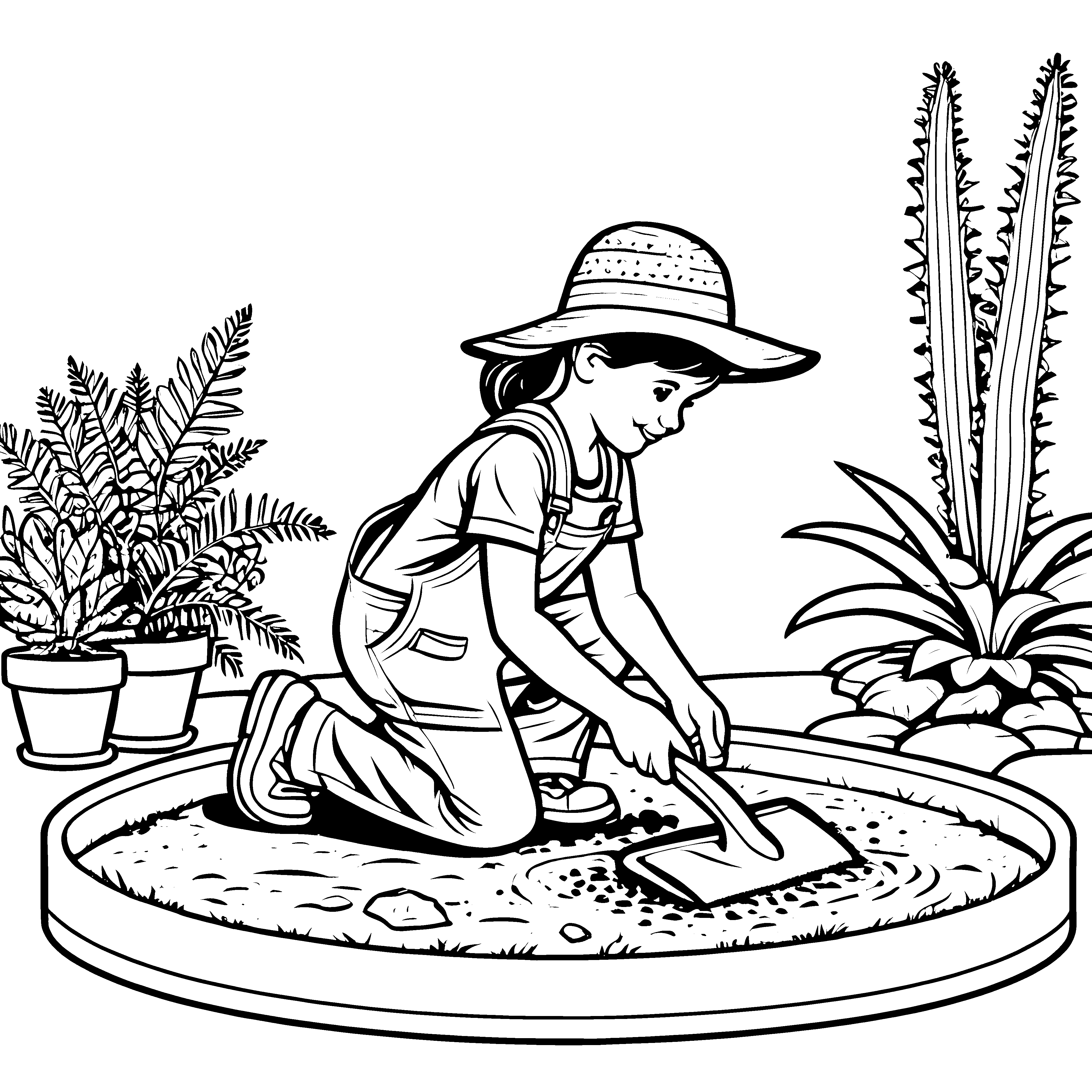 Neugieriges Mädchen mit Schaufel im Sandkasten Ausmalvorlage für kleine Gartenfreunde