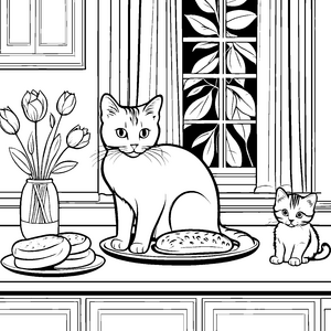 Süße Katzen genießen leckere Snacks Ausmalmotiv für neugierige Feinschmecker