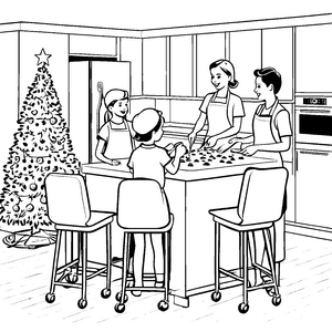 Fröhliche Backrunde in der Weihnachtsküche Ausmalbild für kleine Hobbybäcker
