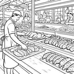 Fleischereifachverkäufer mit frischen Spezialitäten Ausmalmotiv für hungrige Gourmet-Entdecker
