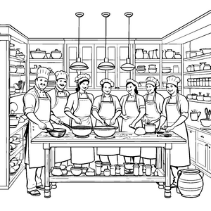 Kooperative Küchenteams bei der Rezeptentwicklung Malvorlage für engagierte Genussfreunde
