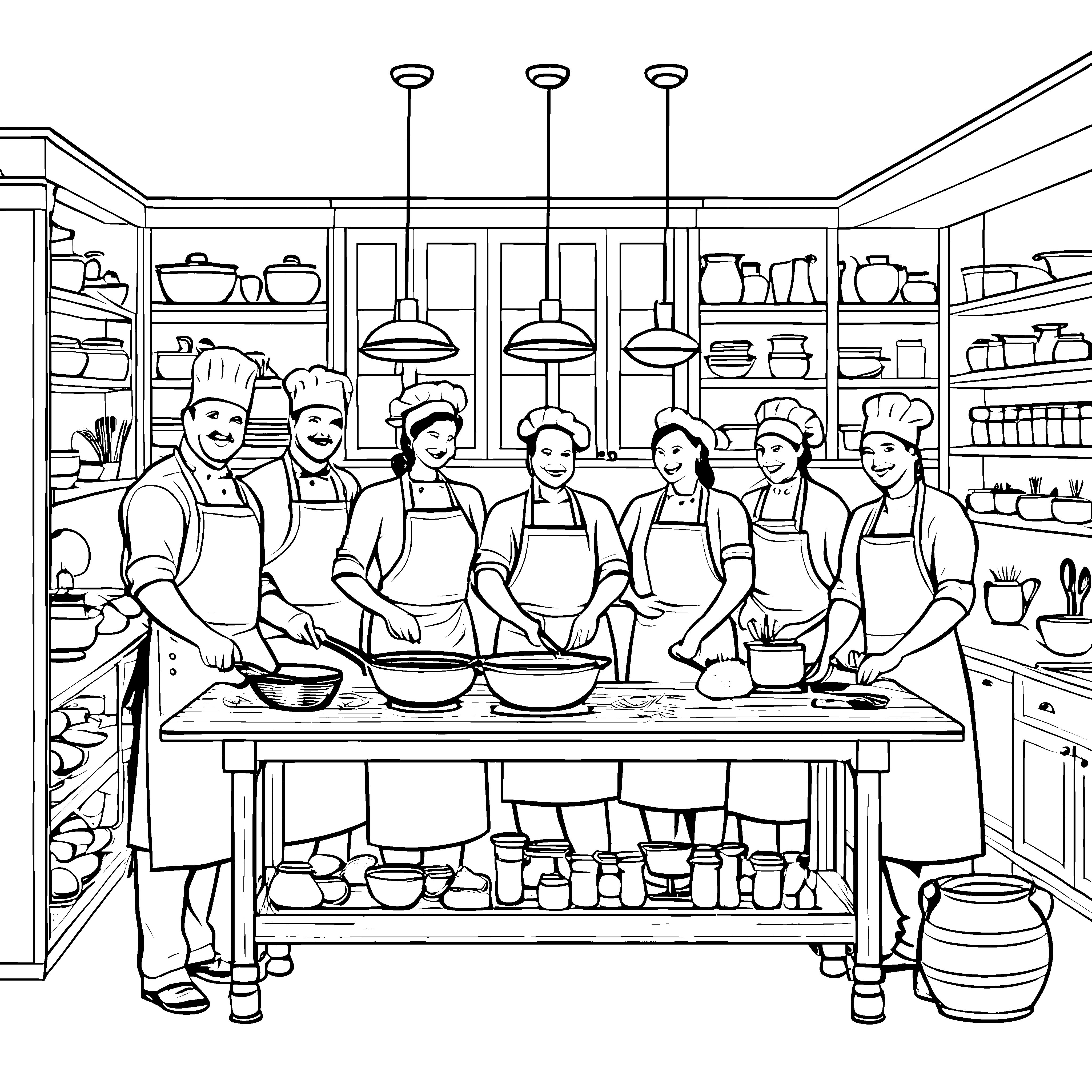 Kooperative Küchenteams bei der Rezeptentwicklung Malvorlage für engagierte Genussfreunde