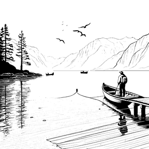 Fischer beim ruhigen Angeln am See Ausmalbild für abenteuerlustige Naturfreunde