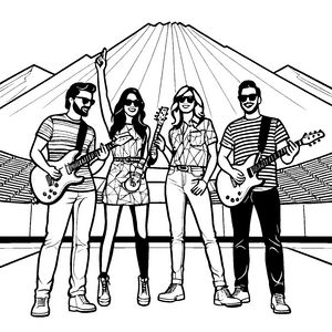 Rockband mit coolen Gitarren auf der Bühne Ausmalvorlage für junge Musikliebhaber